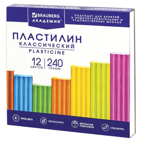 Пластилин классический 12 цв. BRAUBERG 'АКАДЕМИЯ КЛАССИЧЕСКАЯ' , 240 г, высшее качество, 106423