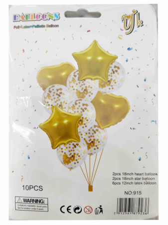 Набор шаров "Желтая фольга, бел.конфети", 10 шт. в наборе (4 фольгир.+6 латексных), 6117